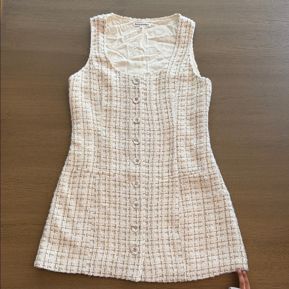 Reformation Cream Tweed Button-Front Mini Dress (6)